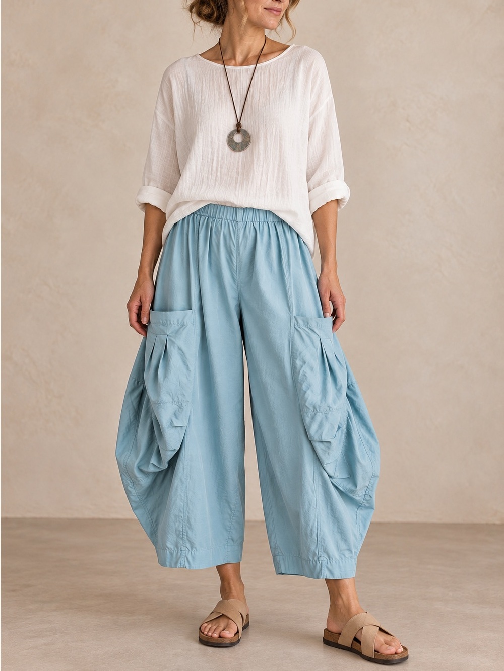 Eleven Stitch Design Blue Tencel Cotton Barrel Leg Lagenlook Pants M